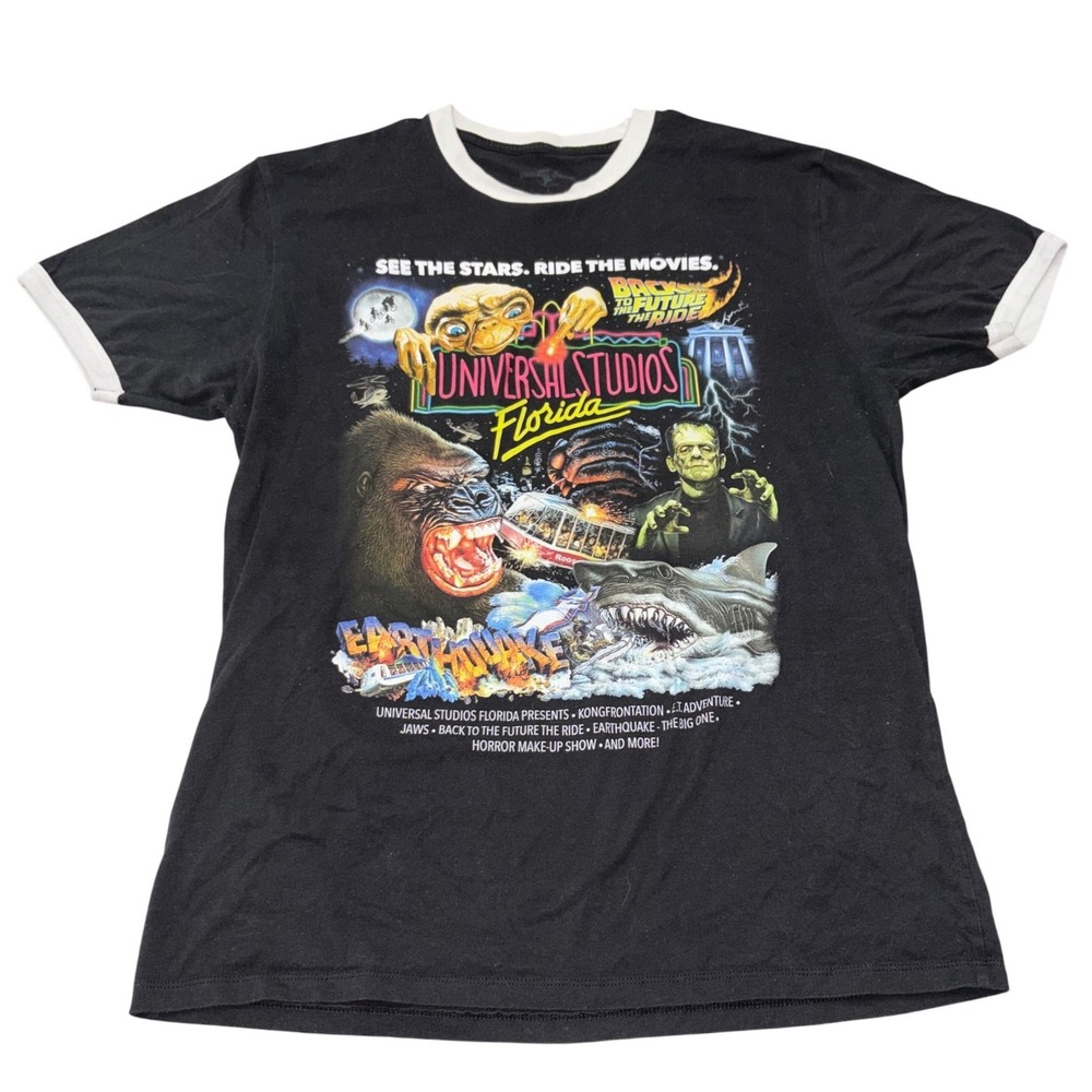 Universal Studios Florida Y2K Ringer T Shirt Large Black Retro Rides Graphic
